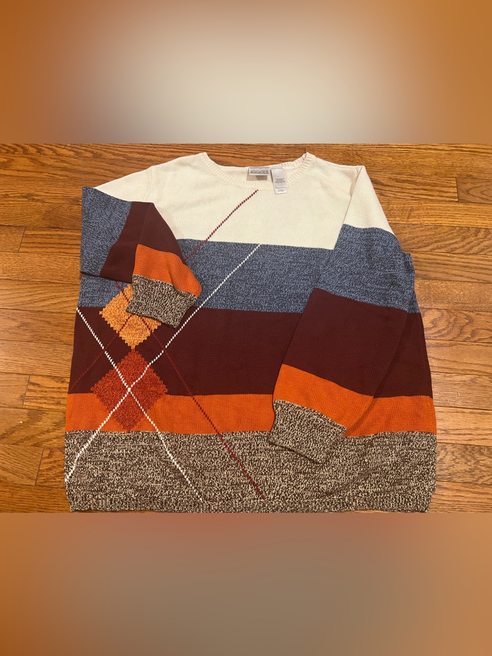 Argyle Stripe Crewneck Sweater in Cream, Blue, Burgundy & Orange